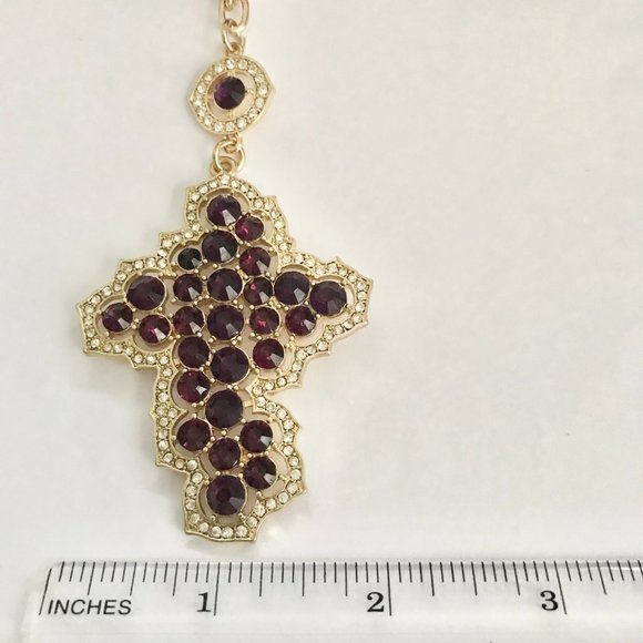 Vintage Style Cross Necklace Purple Crystals Simulated Amethyst Gold Plated 22" - Picture 13 of 14